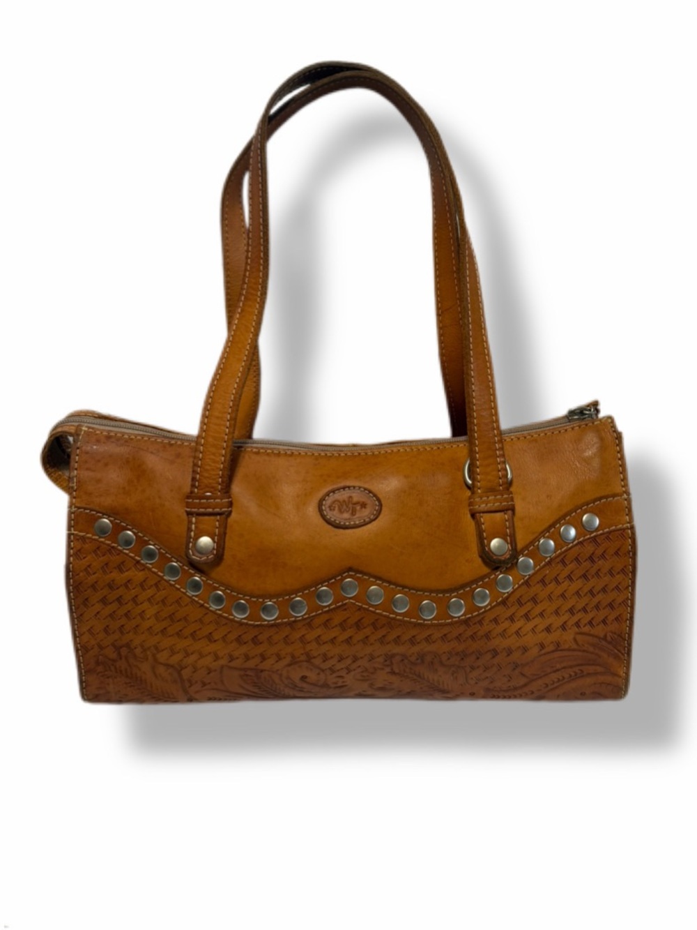 WT Tooled Leather Studded Shoulder Bag Cognac Brown